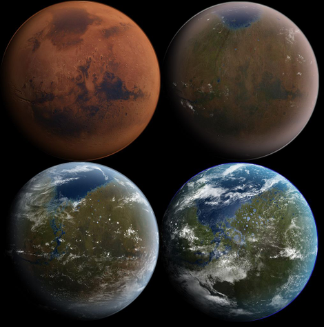 Artist’s concept of Mars throughout the terraforming process. Image: Wikimedia